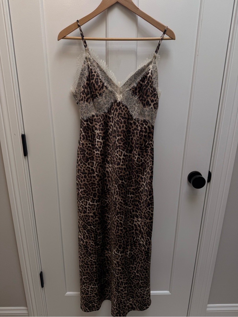 LOFT Leopard-Print Lace-Trim Midi Slip Dress - Brown & Cream
